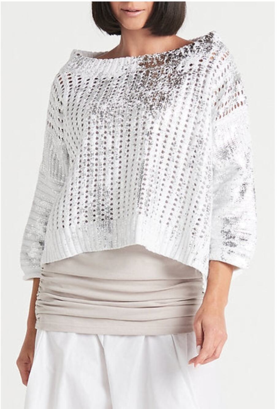 Planet by Lauren G Womens Sweater OS 166KT Metallic White Crochet Pima Cotton